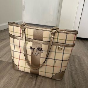 Vintage Coach Heritage Tattersall Gold Stripe Plaid Tote Bag